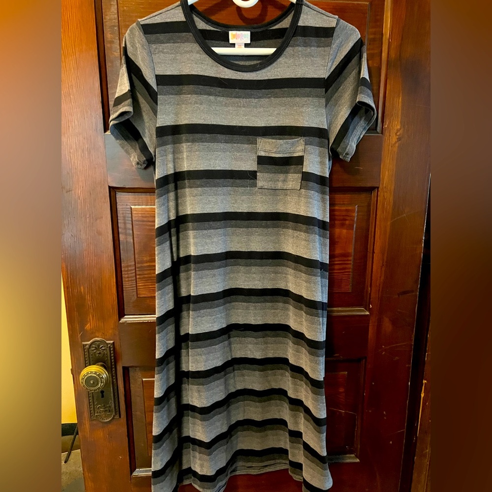 LuLaRoe Gray and Black Midi Dress Casual Crew Neck Short Sleeve